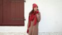 robin knitted dress stone red 4042 vneck